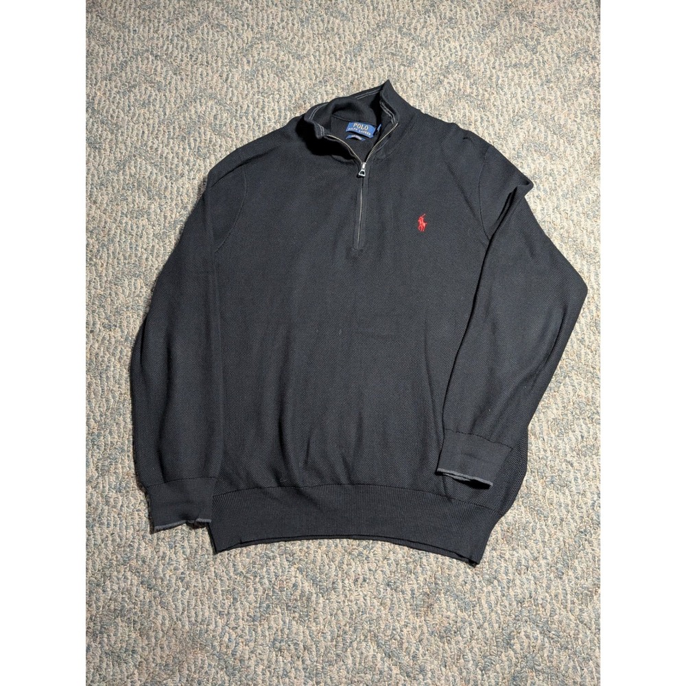 Polo Ralph Lauren Pima Cotton Quarter Zip Sweater Black Red Pony Mens XL